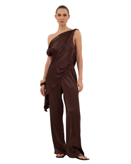 Dissh Brown Asymmetric Satin Top And Trouser Set