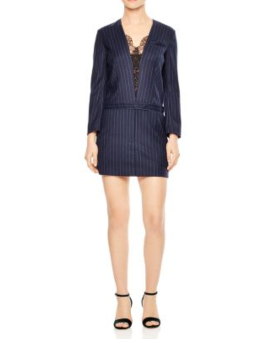 Sandro Navy Blue Enora Pin Stripe Long Sleeve Mini Dress
