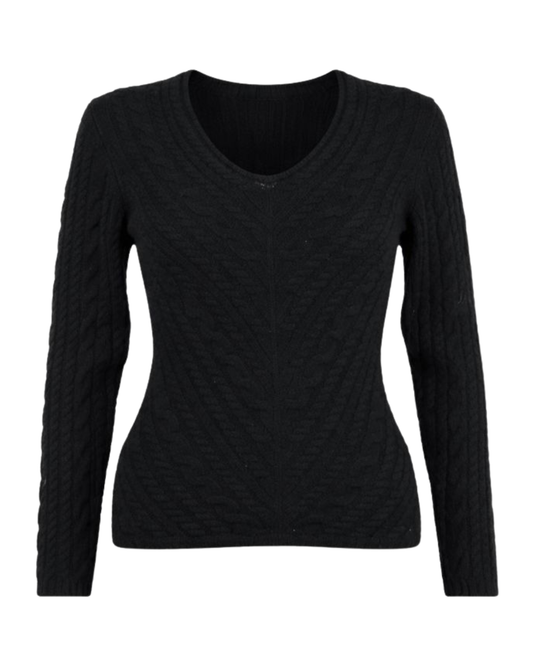 Loro Piana Black Cashmere Fine Cable Knit Long Sleeve Sweater