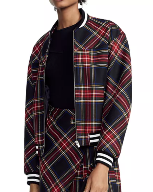 Maje Bazak Red Tartan Check Bomber Jacket