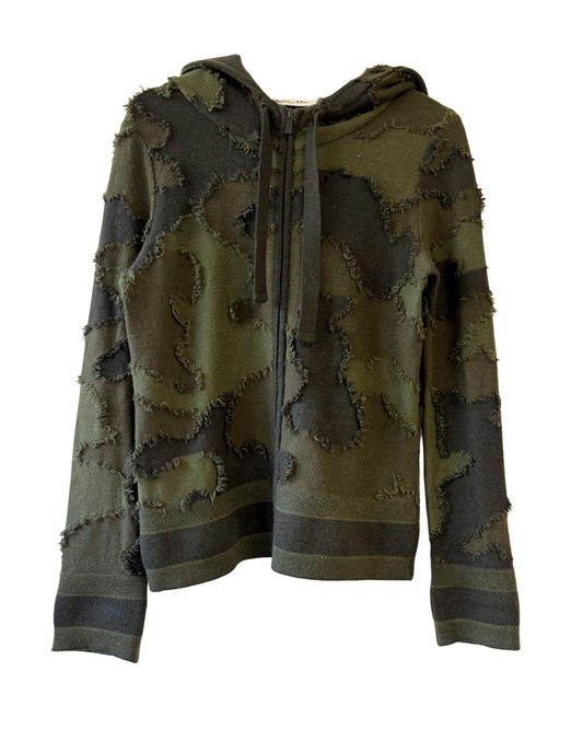 Christian Dior Cashmere Khaki Camo Distressed Zip Hoodie
