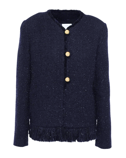 Sandro Paris Blue Fringe Trim Tweed Jacket With Gold Buttons