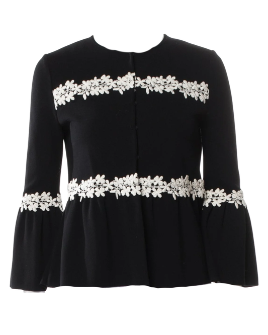 Giambattista Valli Black Monochrome Floral Aplique Cardigan