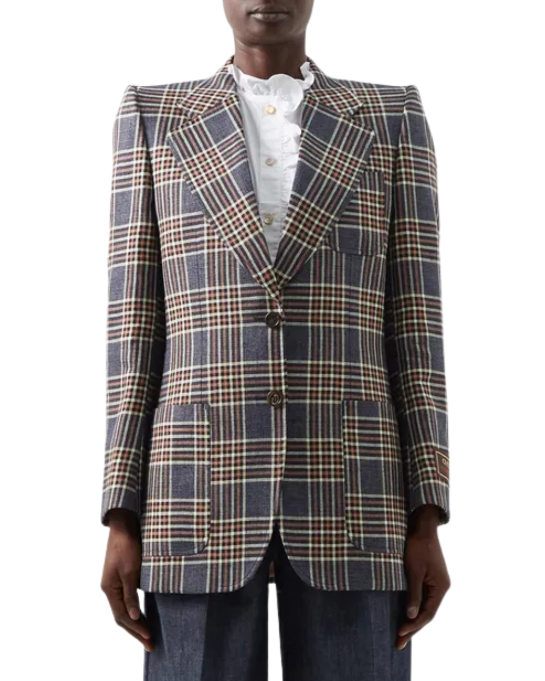 Gucci Blue And Brown Check Blazer With Label
