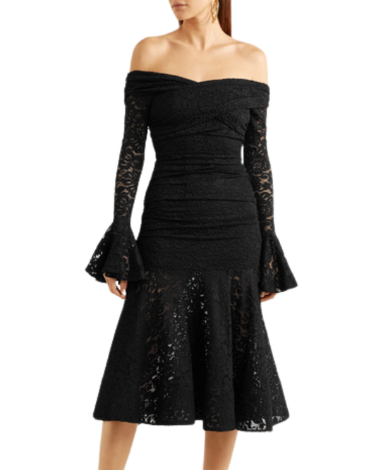 Caroline Constas Black Off Shoulder Long Sleeve Lace Midi Dress