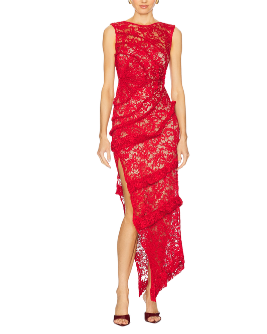 Georgia Hardinge Red Lace Spiral Floor Length Dress