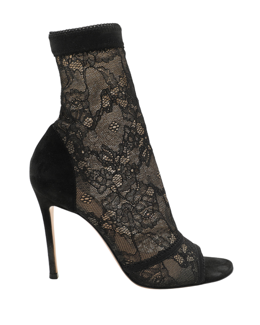 Gianvito Rossi Black Lace And Suede Peep Toe Ankle Boots