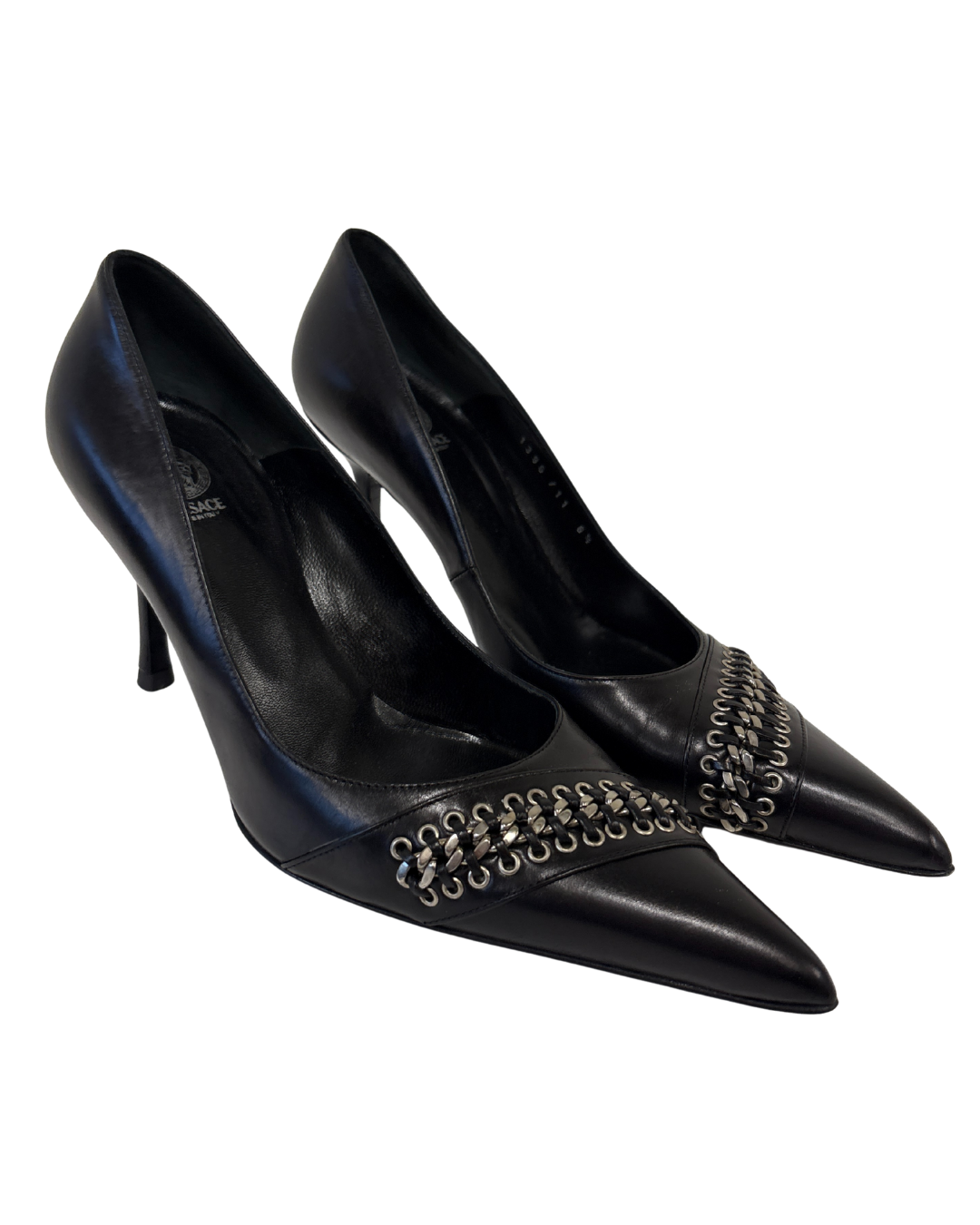 Versace Black Heel Pumps With Chain Vitello
