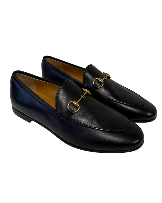 Gucci Black Leather Gold Horsebit Loafers