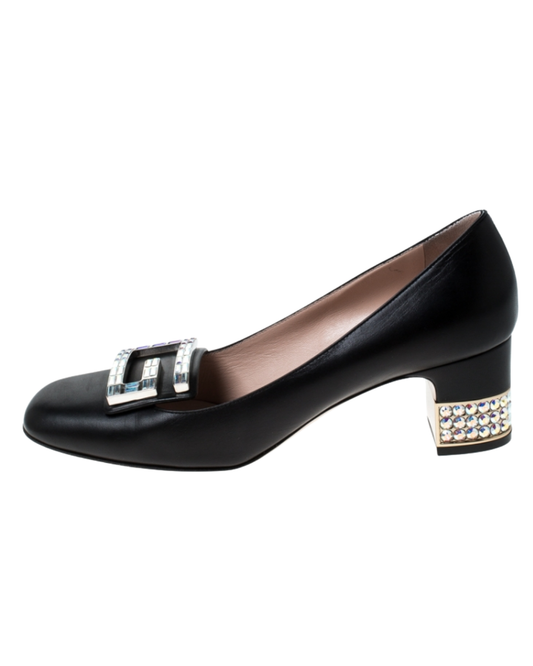 Gucci Madeleine Black Mid Heel Pumps With Crystal G