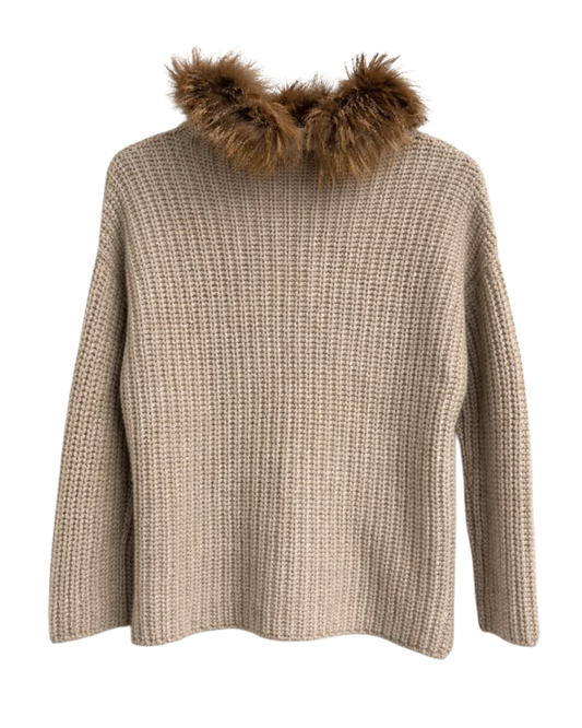 Brunello Cucinelli Beige Cashmere Jumper With Fur Collar