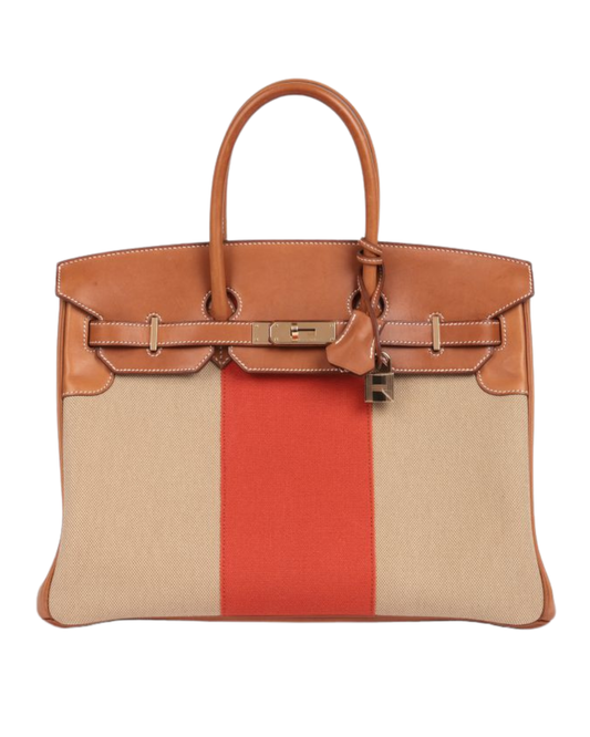 Hermes Fauve Barenia Leather, Natural & Orange Toile Canvas Flag Birkin 35cm Retourne