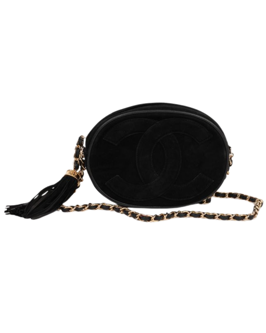 Chanel Black Quilted Suede & Lambskin Leather Vintage Mini Oval Timeless Fringe Shoulder Bag