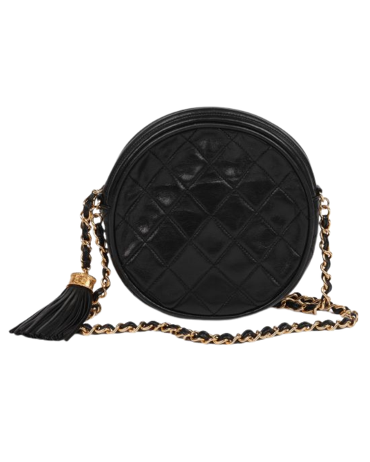 Chanel Black Quilted Lambskin Leather Vintage Mini Round Timeless Fringe Shoulder Bag