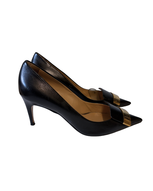 Sergio Rossi Black Leather Pointed Heels With Gold Badge Detail