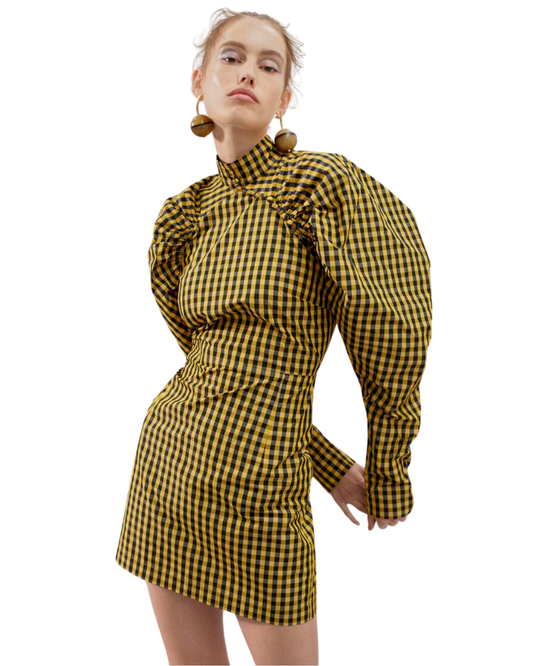 Rotate Yellow And Black Check Puff Sleeve Dress