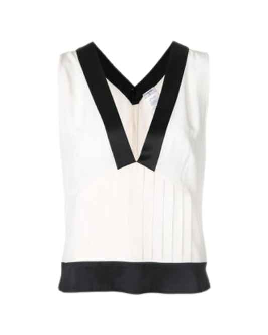 Chanel Cream Silk Sleeveless Blouse With Black Satin Trim SS 2006
