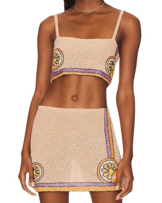 Oceanus Melodie Beaded Pink Top and Skirt Co-ord