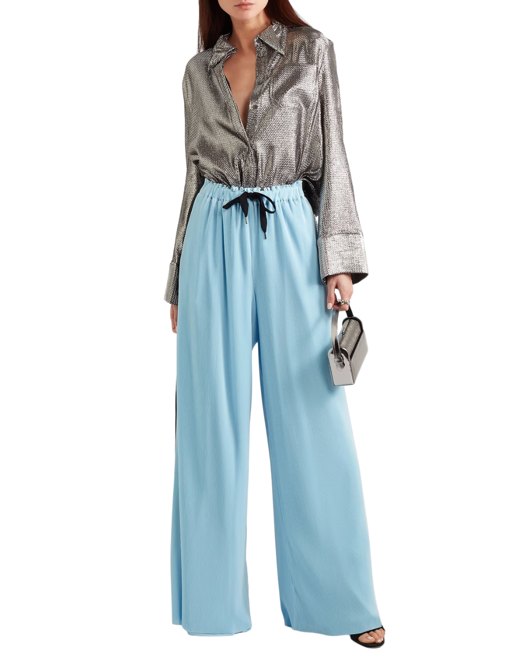 Roland Mouret Haven Blue Plisse Wide Leg Trousers