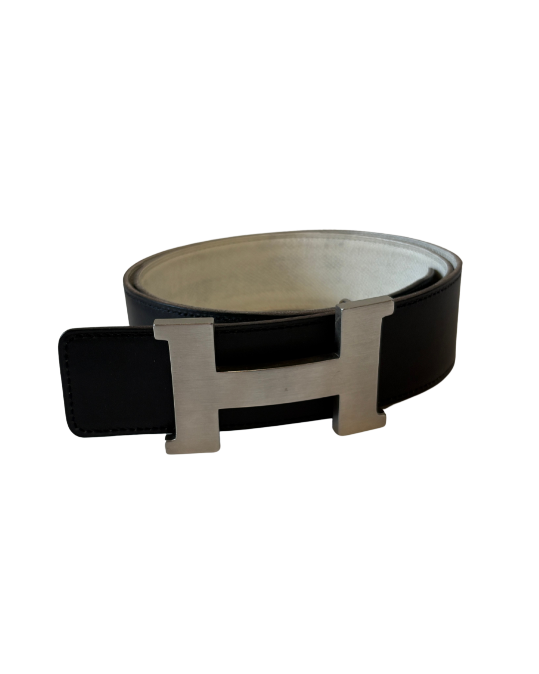 Hermes Black Reversible Leather Strap With Silver Buckle