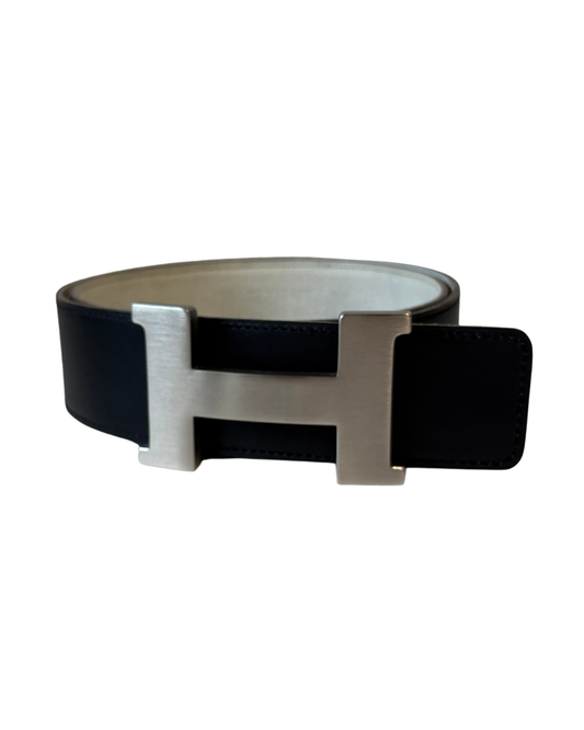 Hermes Black Reversible Leather Strap With Silver Buckle