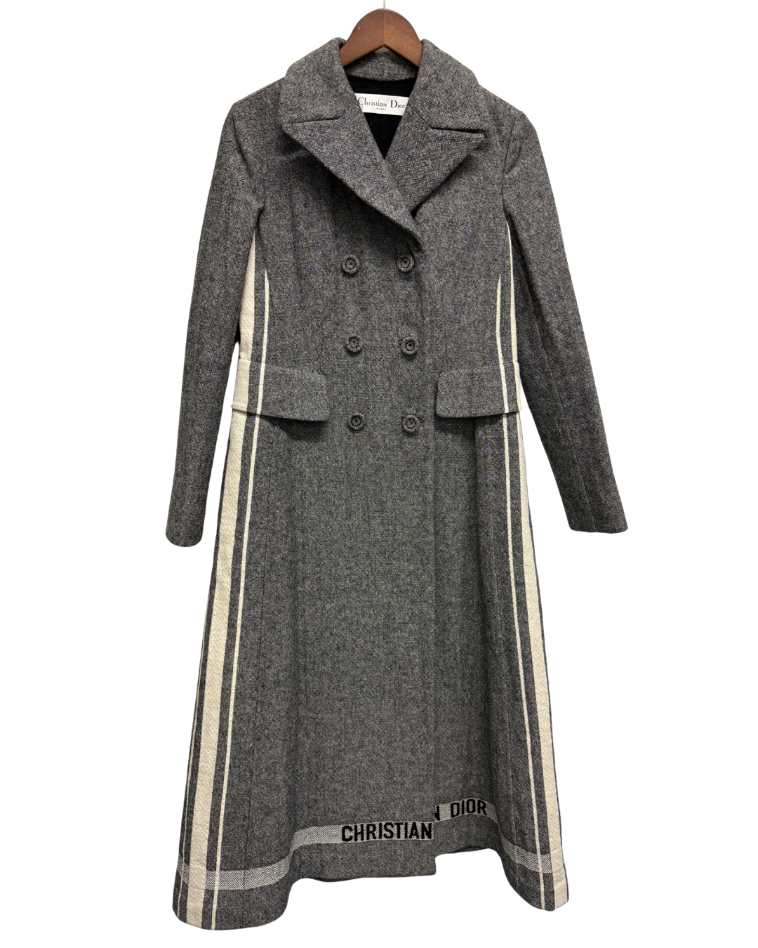 Christian Dior Grey Wool Longline Double-brested Coat With Logo