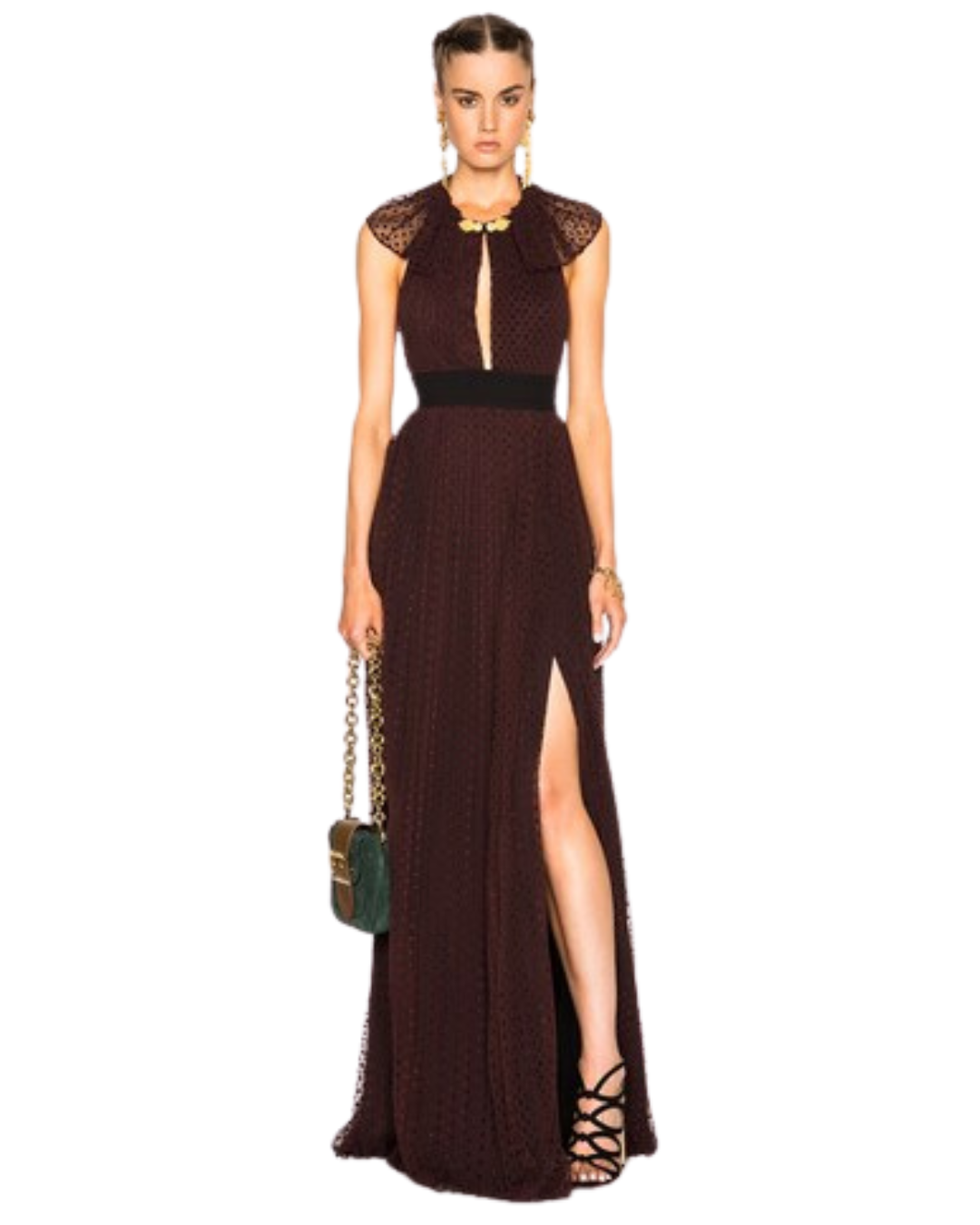 Burberry Burgundy Polkadot Mesh High Neck Gown