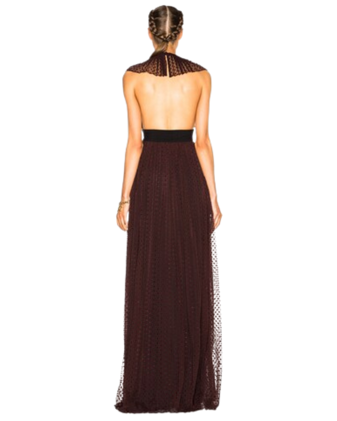Burberry Burgundy Polkadot Mesh High Neck Gown