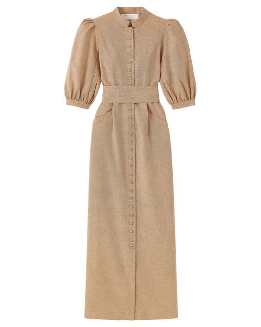 Destree Amoako Camel Puff Sleeve Wool Dress
