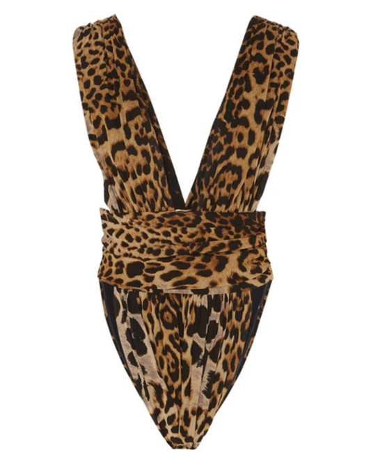 Saint Laurent Ruched Leopard Print Silk Bodysuit