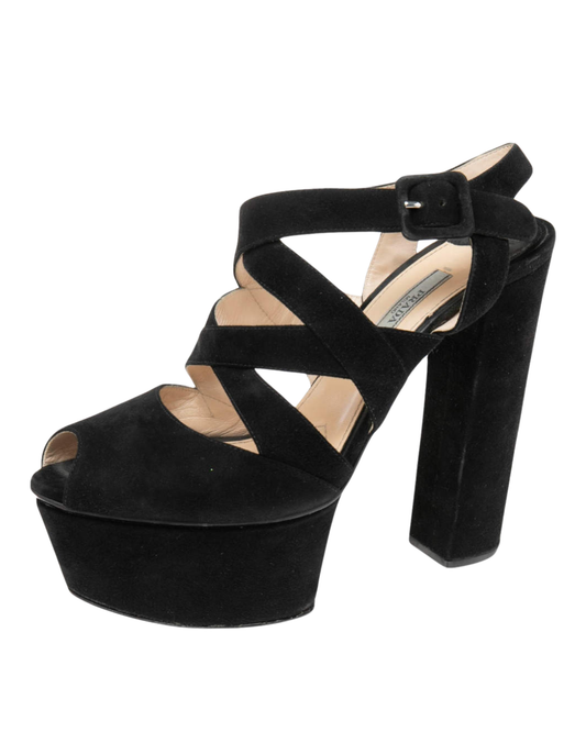 Prada Black Suede Platform Cut Out Heels