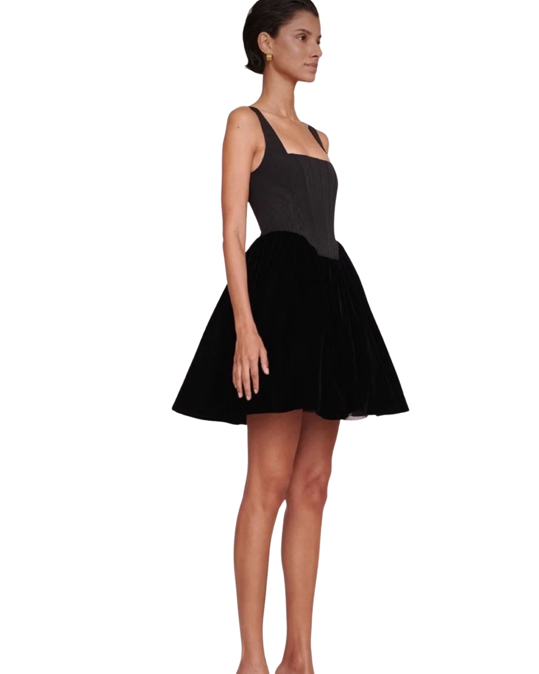 Staud Black Velvet Corseted Skater Dress