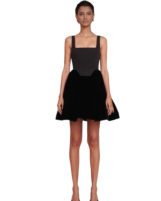 Staud Black Velvet Corseted Skater Dress