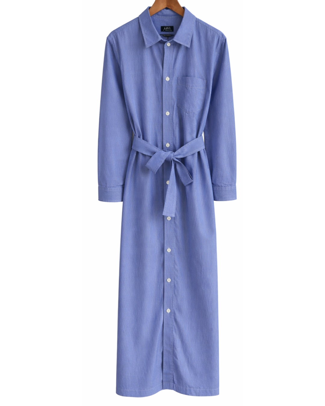 APC Blue Pinstripe Long Shirt Dress With Tie Belt
