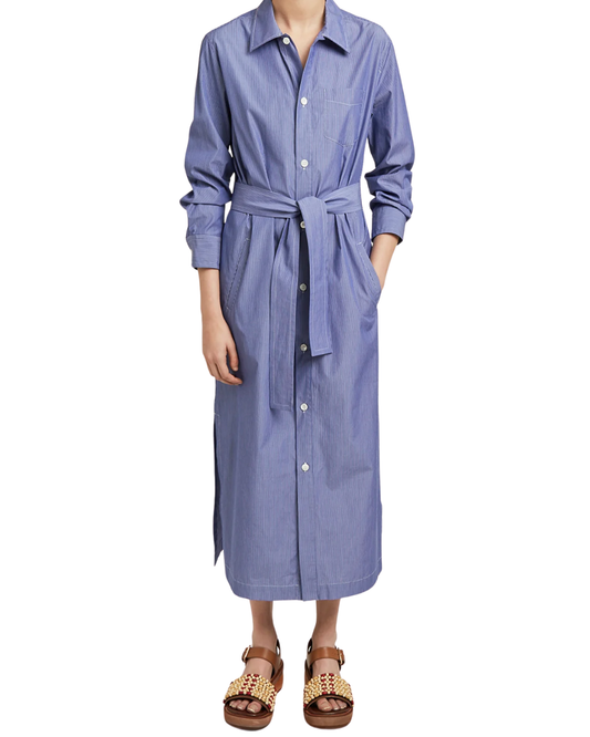 APC Blue Pinstripe Long Shirt Dress With Tie Belt