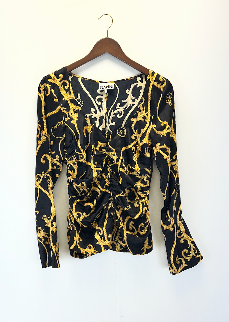 Ganni Black And Gold Chain Print Silk Blouse