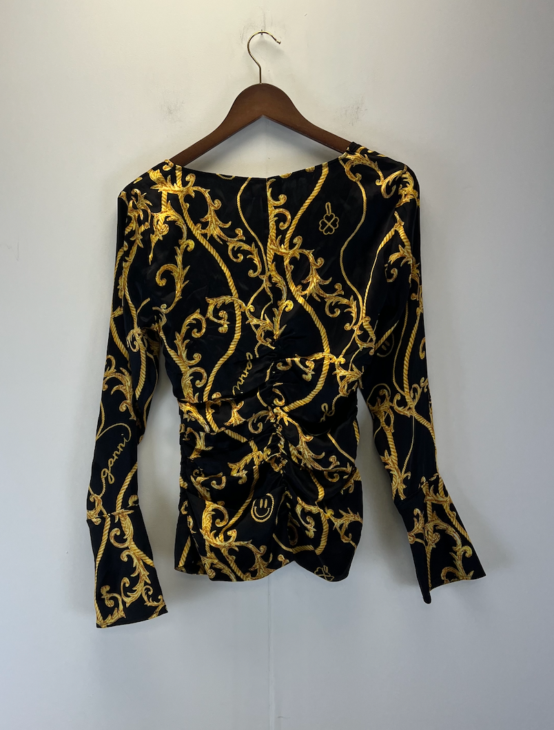 Ganni Black And Gold Chain Print Silk Blouse
