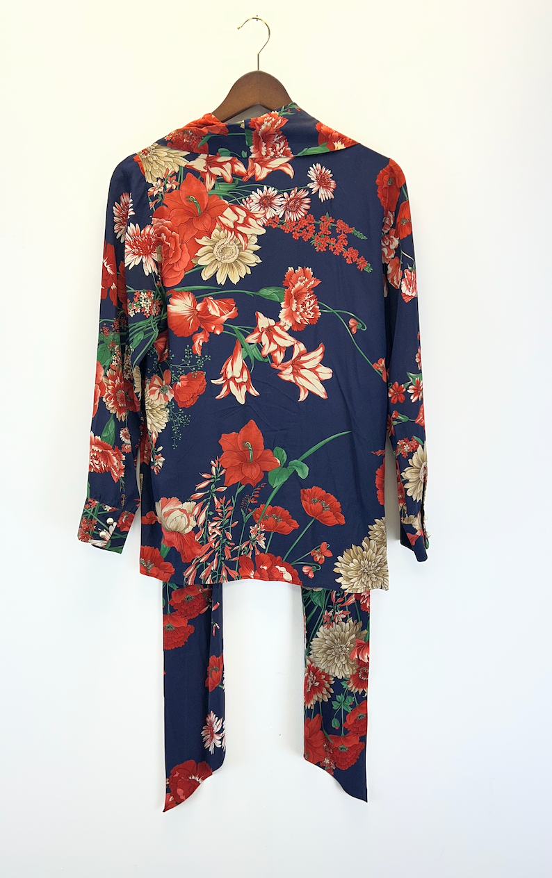 Gucci Navy Blue Floral Necktie Blouse