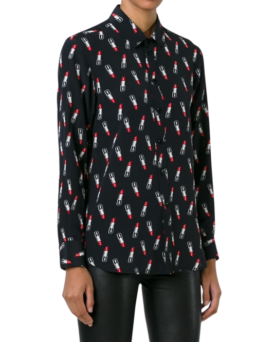 Saint Laurent AW15 Blue/Black Silk Lipstick Blouse