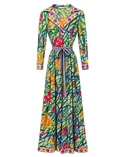 Emilio Pucci 1970's Cotton Blend Multicolour Belted Shirt Maxi Dress