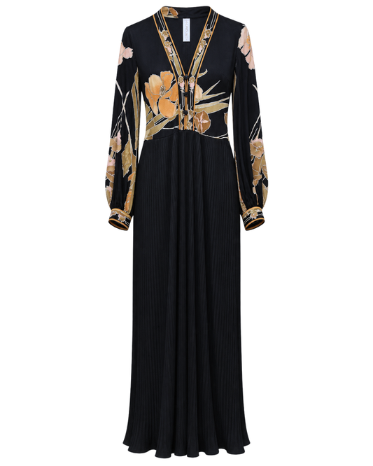 Leonard Pleated Silk Maxi Dress With Orange Brown Floral Detail
