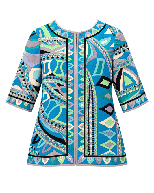 Emilio Pucci Early 1970's Cotton Blue Geometric Zip up Jacket/Dress
