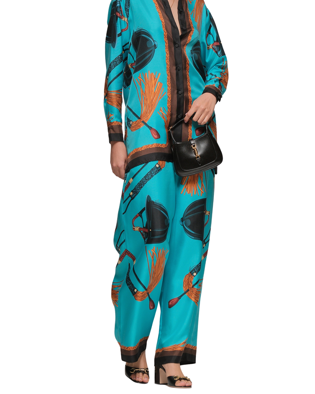 Gucci Turquoise Blue Silk Equestrian Print Shirt And Trouser Co-ord