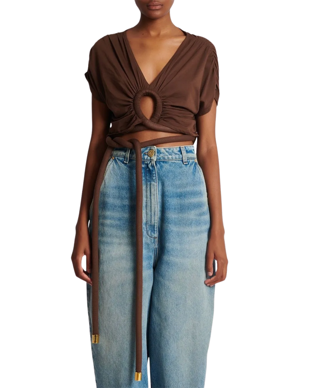 Balmain Brown Draped Jersey Crop Top