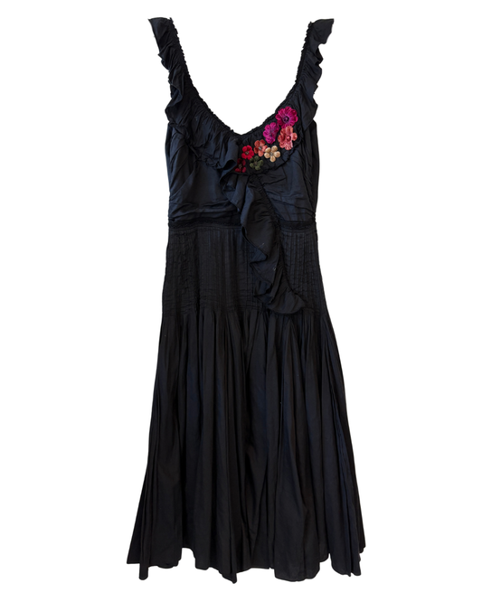 Prada Black Cotton Floral Embroidered Dress