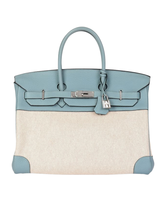 Hermes Ciel Togo Leather & Natural Toile Canvas Birkin 35cm Retourne