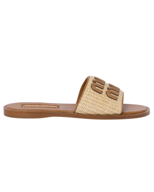Miu Miu Beige Tan Logo Slides