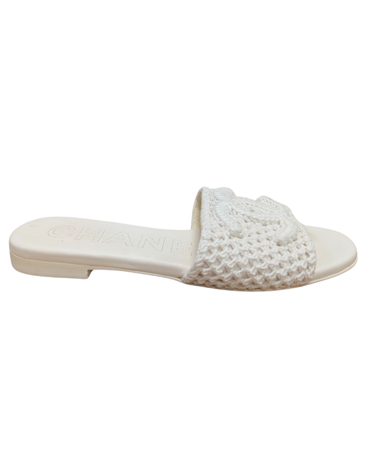 Chanel White Crochet Slides
