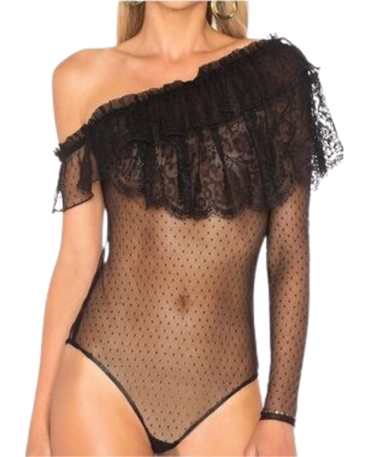 House of Harlow x Revolve Black One Sleeve Sheer Lace Bodysuit
