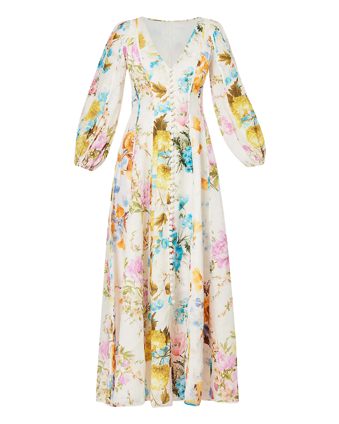 Zimmermann White Floral Print Linen Maxi Dress 3/4 Sleeves